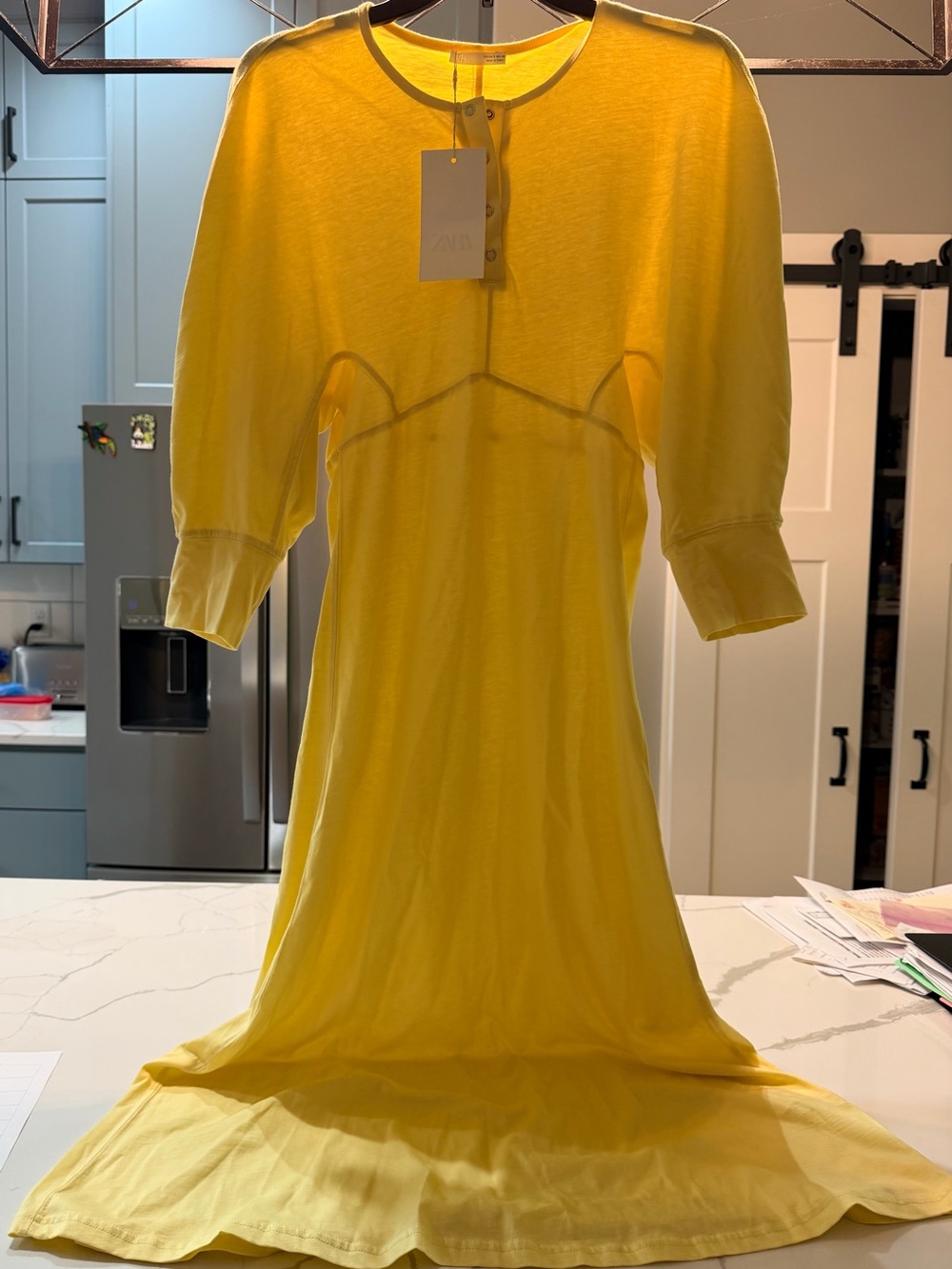Zara Yellow Knit Midi Dress with Puff Sleeves